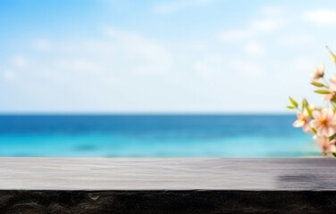 Empty wooden black table over blurred tropical beach and flower background, product display montage