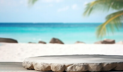 Empty stone round podium and blur background of the tropical beach