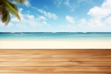 Fototapeta na wymiar Wooden deck floor on blur beach background - can be used for display or montage your products