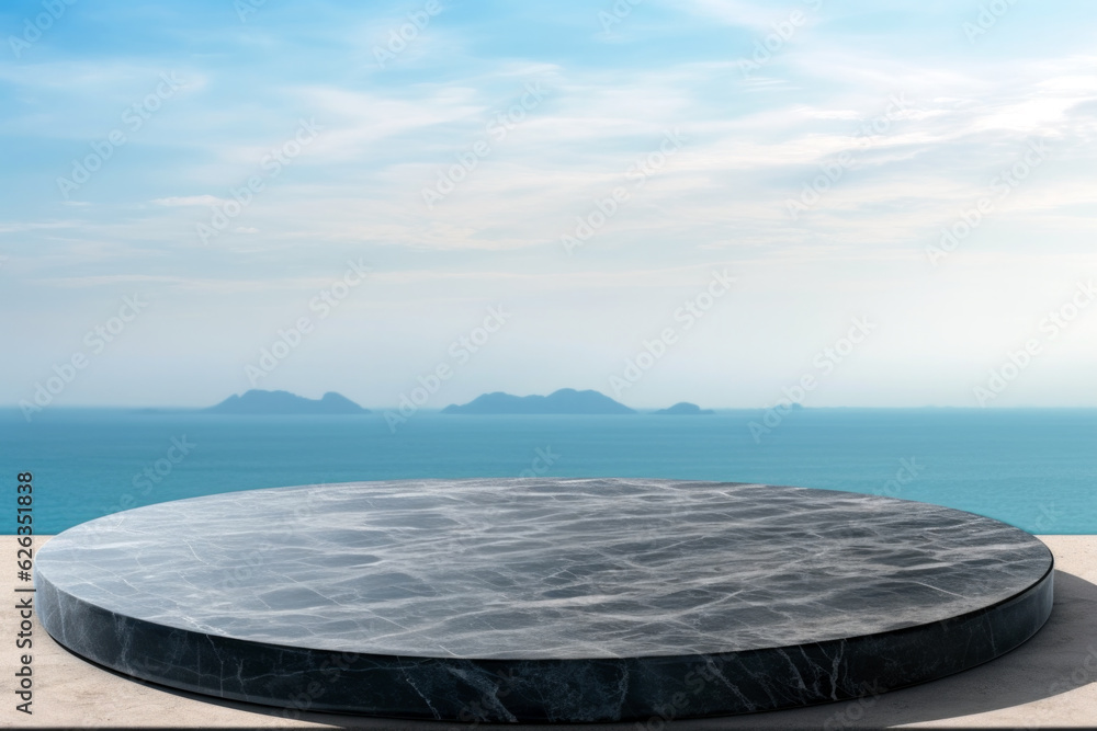 Poster empty black marble stone table top with sea view background. for product display