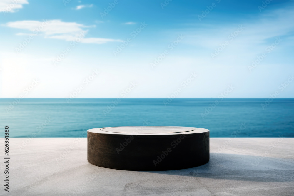 Poster empty round black podium or platform for your design and the sea background