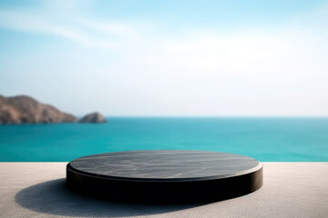 Empty black round marble platform on blurred sea background.