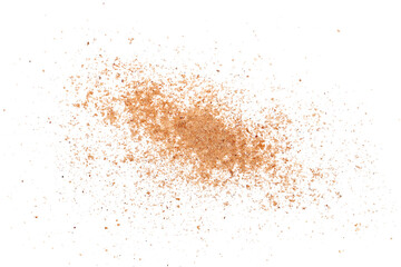 Pile ground, milled nutmeg powder isolated on white, top view 