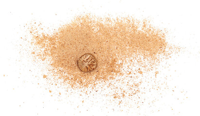 Pile ground, milled nutmeg powder isolated on white, top view 
