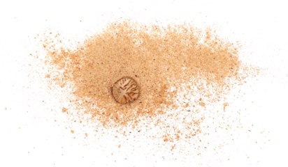 Pile ground, milled nutmeg powder isolated on white, top view 