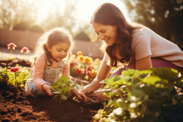 Mother and young daughter gardening together, bonding while planting flowers and vegetables, nurturing growth and cultivating a love for nature