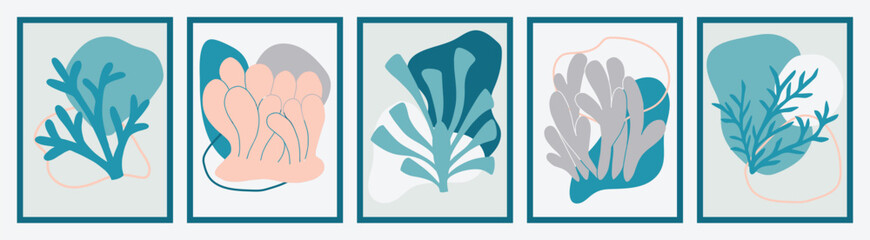 Abstract coral posters. Modern minimalistic organic shapes in Matisse style, colorful corals, graphic vector illustration