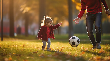 Little girl and her father play soccer on the lawn outside.Created with Generative AI technology.