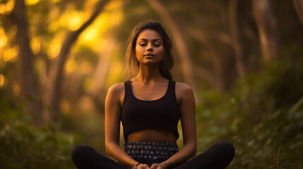 Beautiful young woman meditating in city park.Created with Generative AI technology.