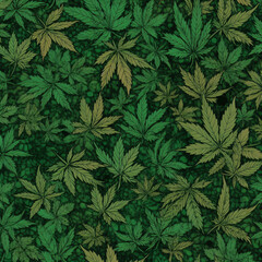 Naklejka na ściany i meble Illustration of Overlapping Marijuana Leaves in a Lush Background