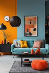 A living room with a blue couch and orange accents. Digital image.