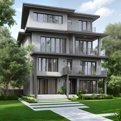 Outdoor exterior modern house 3D illustration display. Realistic 3d house. Mock-up house 3d