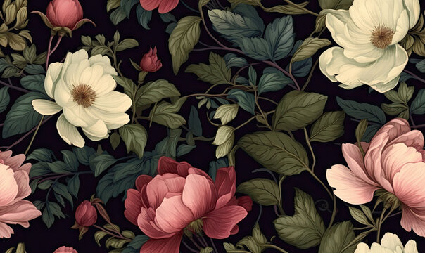 Seamless pattern with peony on a black background. Flower garden texture. Created with generative AI tools - Powered by Adobe