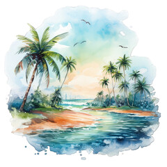 Obraz na płótnie Canvas Ocean Breeze Delight Feel the refreshing summer vibes in this watercolor artwork of palm trees and a stunning beach backdrop. AI Generation