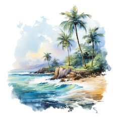 Obraz na płótnie Canvas Seaside Enchantment Get enchanted by this watercolor artwork, capturing the allure of palms, the beach, and the sea. AI Generation