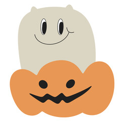 halloween spooky ghost in pumpkin cute cartoon groovy retro vintage mascot 