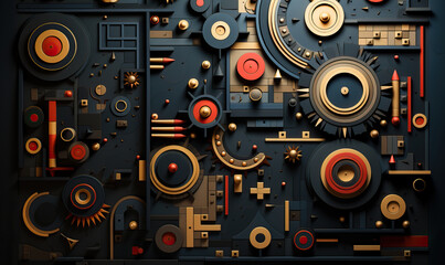 Fototapeta premium Various flat geometric shapes on a black background.