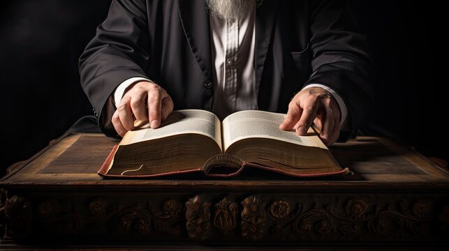 A man reads the Bible, hands on a book, an open Christian book, Generative AI