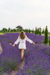Rear view of pretty girl in dress running in lavender field Ukraine