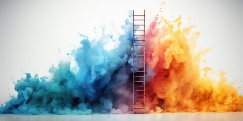 A ladder that is standing in front of a cloud of colored smoke. Digital image.