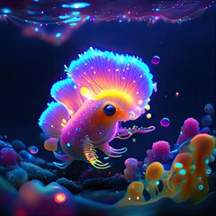 Illustration of an aquarium fish in neon light on a dark background AI Generated