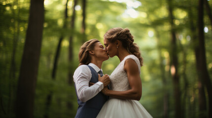 Fototapeta premium Portrait of a happy same-sex lgbt couple kissing during their wedding. Created with Generative AI technology.