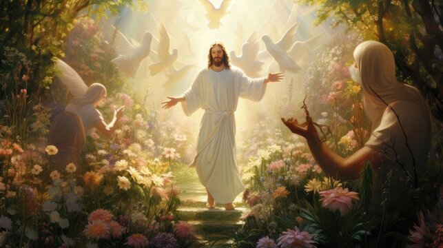 Jesus on the cross in prayer, God's light, the Holy Spirit Generative AI - Powered by Adobe