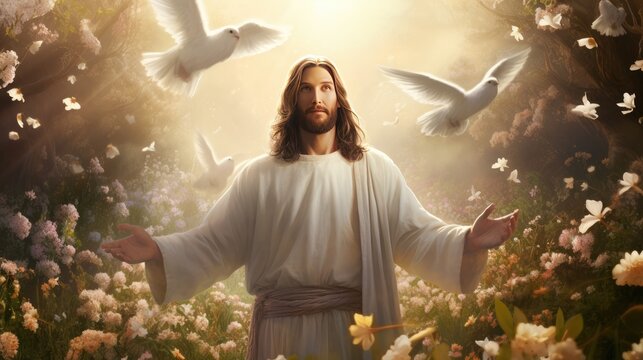 Jesus on the cross in prayer, God's light, the Holy Spirit Generative AI