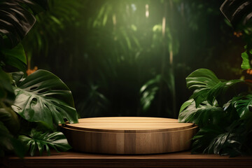 Wooden round podium product display in tropical lush forest background with palm leaves and shadows