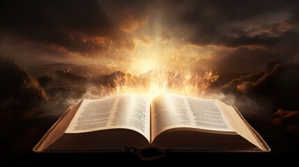 Open Christian book ,open bible with glowing lights, Generative AI - obrazy, fototapety, plakaty