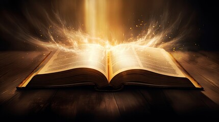 Open Christian book ,open bible with glowing lights, Generative AI