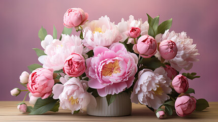 Closeup shot of gorgeous pink peonies in a short glass jar on gray table. Generative Ai