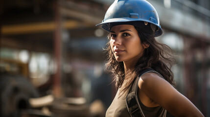 Fototapeta na wymiar Female construction worker wearing a helmet in the background of a construction site.
