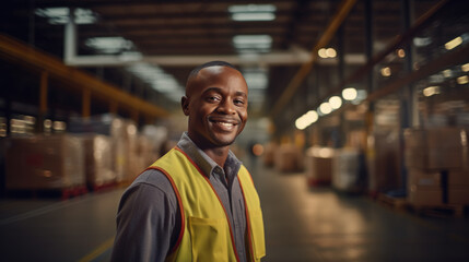 Warehouse worker in a special uniform against the background of racks with parcels.