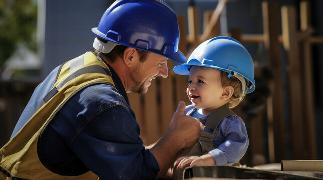 Father and little son playing realistic construction workers in special uniforms at a construction site.