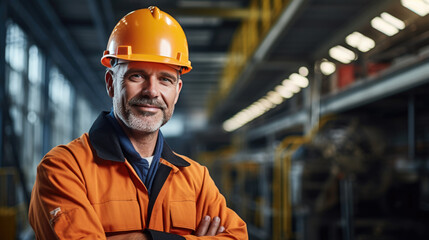 Factory worker wearing a safety helmet in the background of a production line.