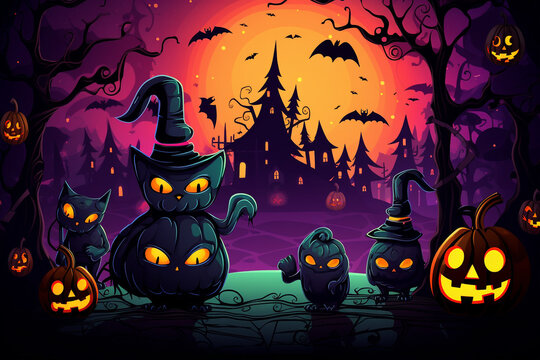 Halloween illustration for kids, cute colorful Halloween trick or treat background with carved pumpkin and cat in costume, and castle in the background in the twighlight. High quality photo