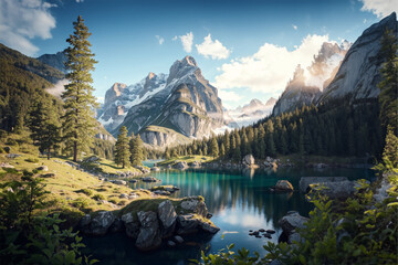 Beautiful natural landscape with green mountains, blue sky, trees, sunlight, water, and flowers in the morning 