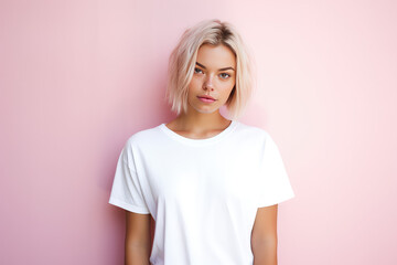 Cute young woman blonde hair with bob haircut isolated on flat pink background with copy space....