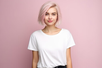 Cute young woman blonde hair with bob haircut isolated on flat pink background with copy space. Cute girl in white simple t-shirt.  - Powered by Adobe