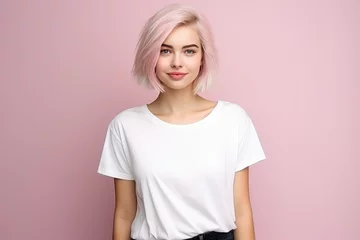 Fotobehang Cute young woman blonde hair with bob haircut isolated on flat pink background with copy space. Cute girl in white simple t-shirt.  © SnowElf
