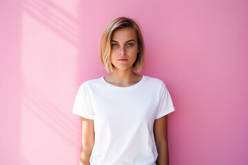 Cute young woman blonde hair with bob haircut isolated on flat pink background with copy space. Cute girl in white simple t-shirt.  - obrazy, fototapety, plakaty