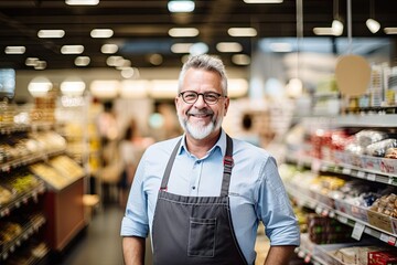 Senior employee in a grocery store, male business portrait, ai generated