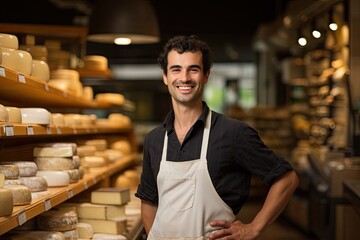 Fototapeta premium Smiling employee in a cheese shop, business portrait