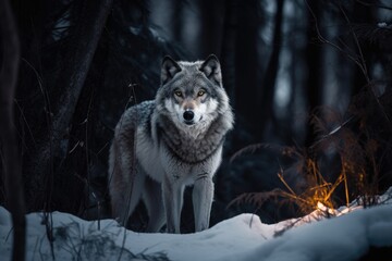 Lone wolf under the full moon in the night forest. ????, generative IA