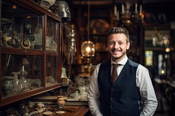 Young male owner of an antique shop, business portrait, ai generated