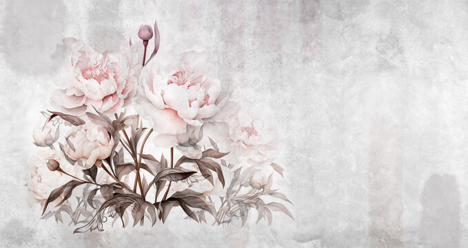 Peonies. Beautiful macro flower illustration  on concrete grunge wall. Floral background for wallpaper, photo wallpaper, mural, card, postcard, painting. Design in the loft, classic, modern style.