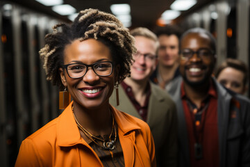 Happy multiethnic smiling people working together. AI Generative