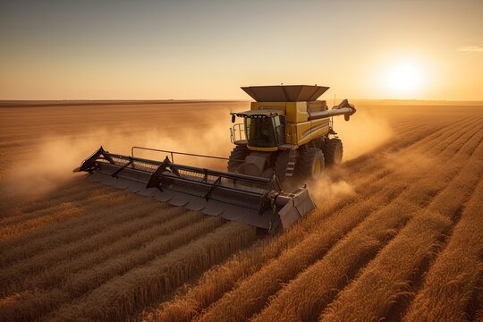 Modern harvester harvesting golden wheat in the fields., generative IA