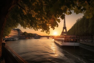 A beleza parisiense: Abraço ao pôr do sol na Torre Eiffel, generative IA